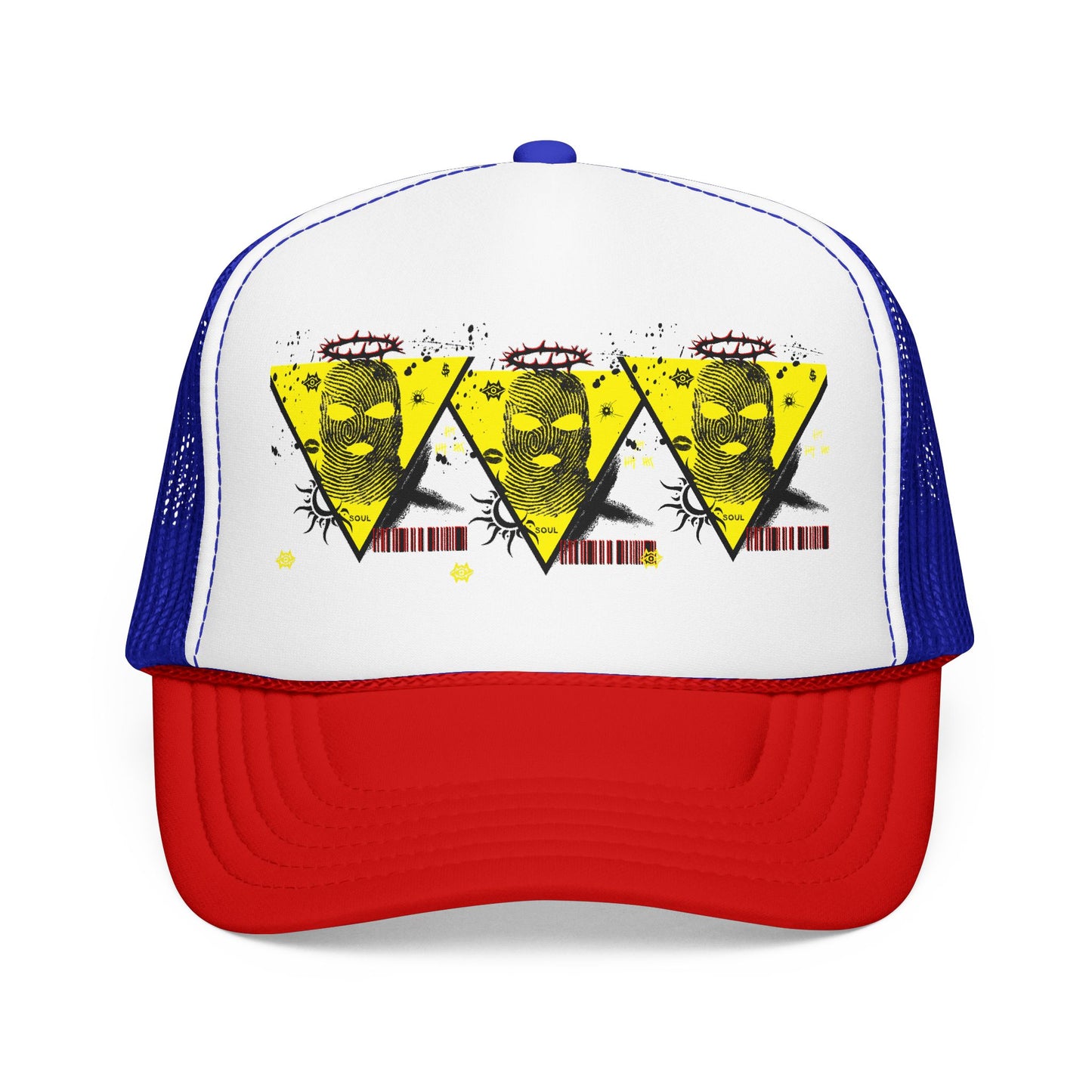Trucker Hat — Grunge Yellow Skulls Triangle Graphic Foam Cap