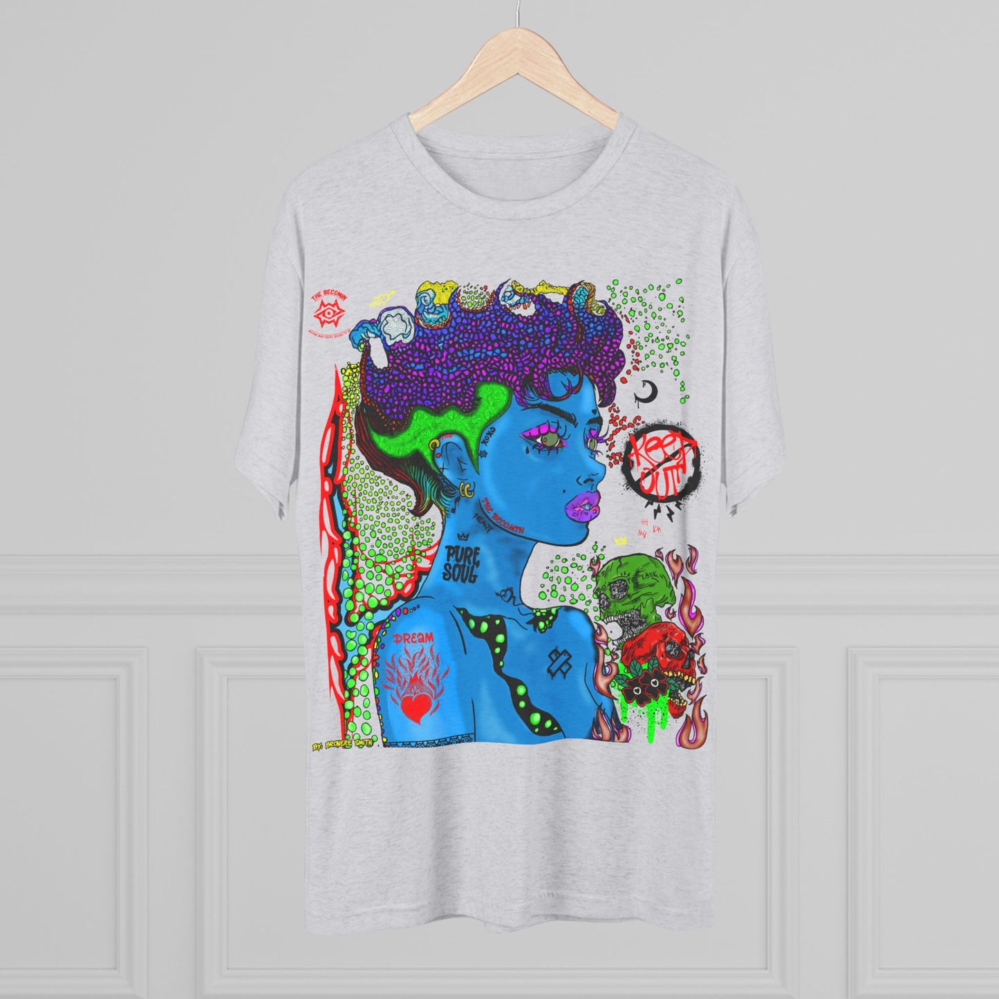 Psychedelic Blue Portrait Tee — Vivid Heart Grasp Graphic T-Shirt