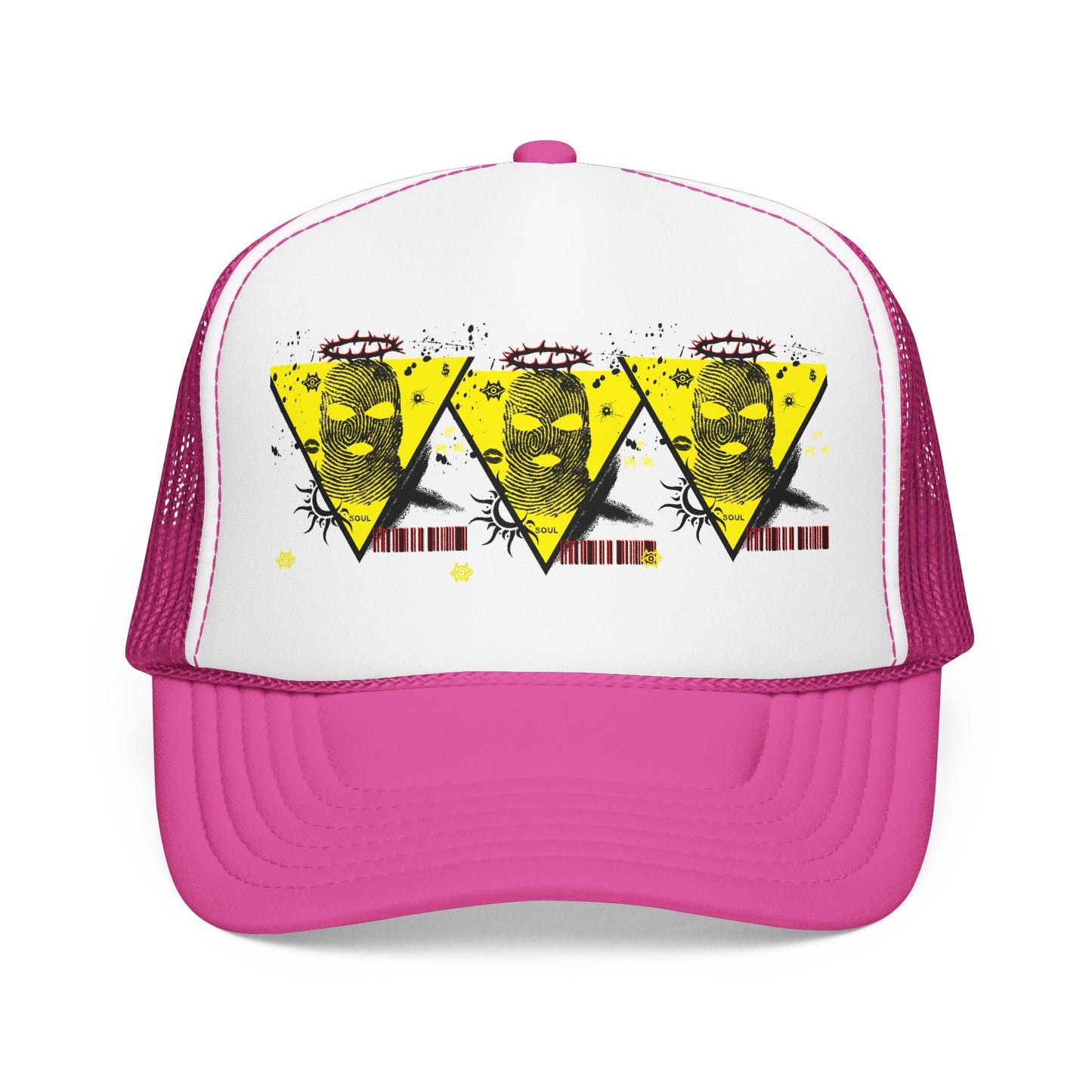 Trucker Hat — Grunge Yellow Skulls Triangle Graphic Foam Cap