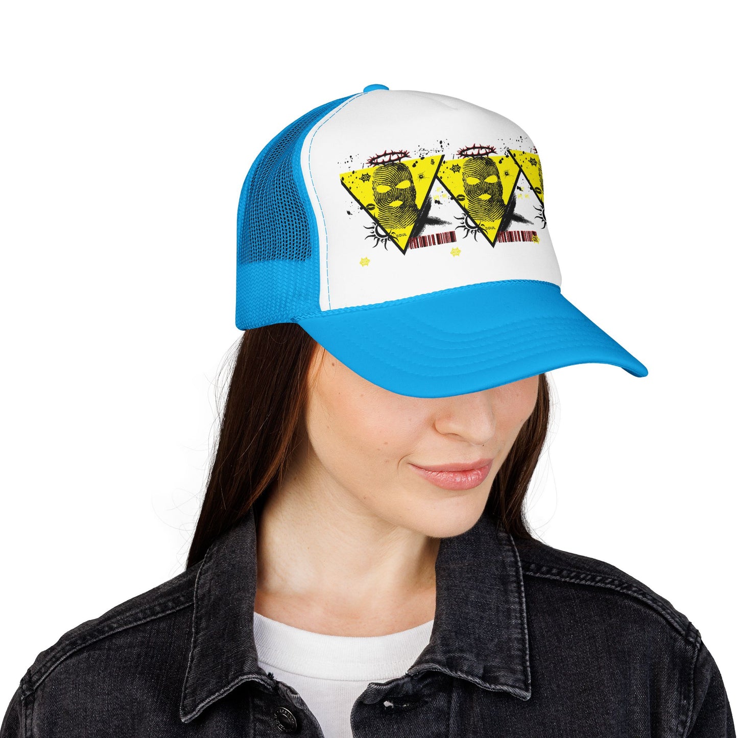 Trucker Hat — Grunge Yellow Skulls Triangle Graphic Foam Cap