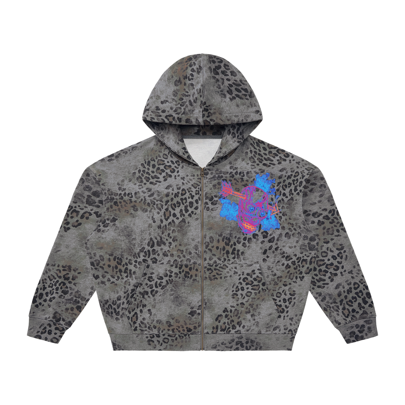 Unisex Vintage Wash Leopard Full Zip Hoodie
